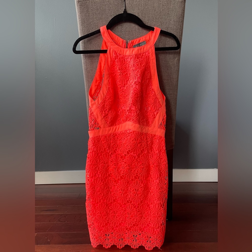 ASTR The Label Neon Coral Lace Mini Dress